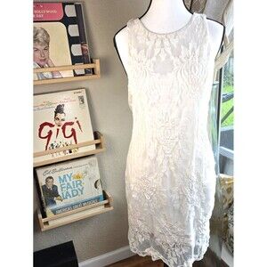 White Sleeveless Lace Floral Sheath Dress Women's Medium Cocktail Party